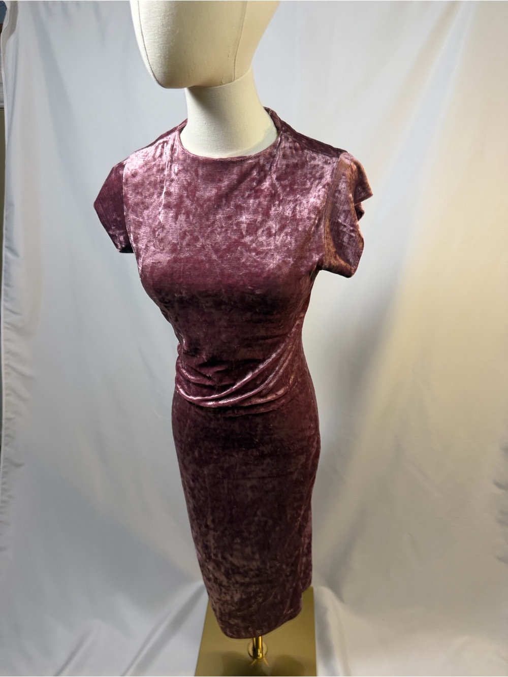 NWOT San Joy Crushed Velvet Midi Dress in Plum. Runs small